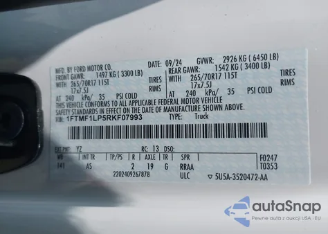 2024 Ford F-150 Xl из США, поврежденный, VIN 1FTMF1LP5RKF07993